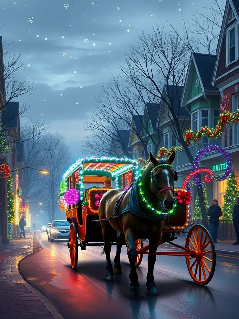A horse-drawn carriage adorned with Christmas lights travels down a street lined with decorated houses during a holiday light tour in Dallas.