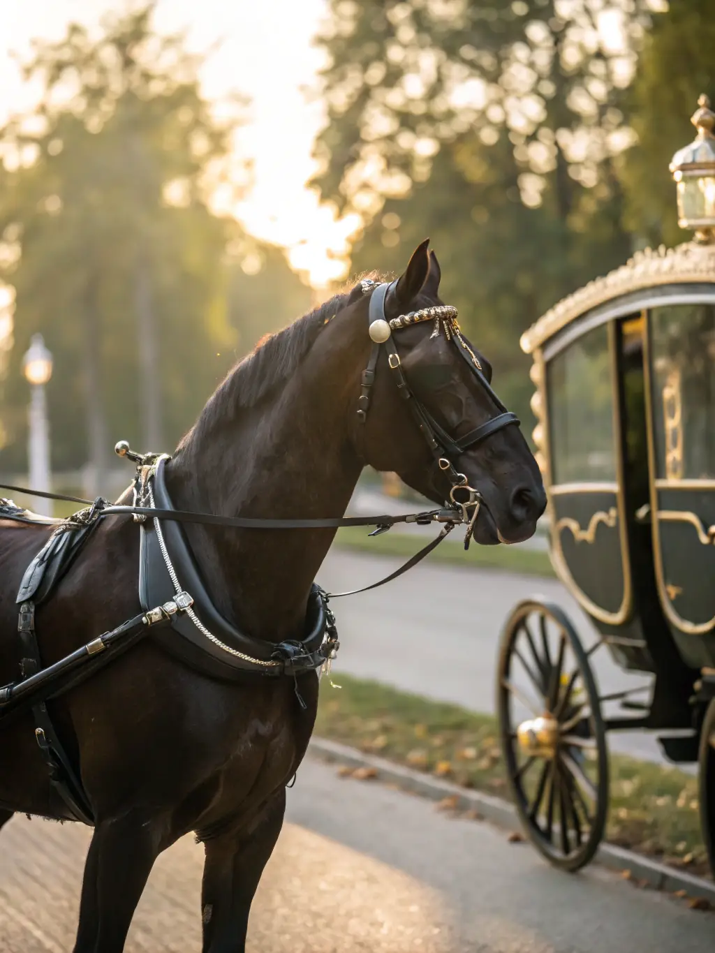 A beautifully decorated horse-drawn carriage waits outside a church for a wedding ceremony in Dallas, Texas.