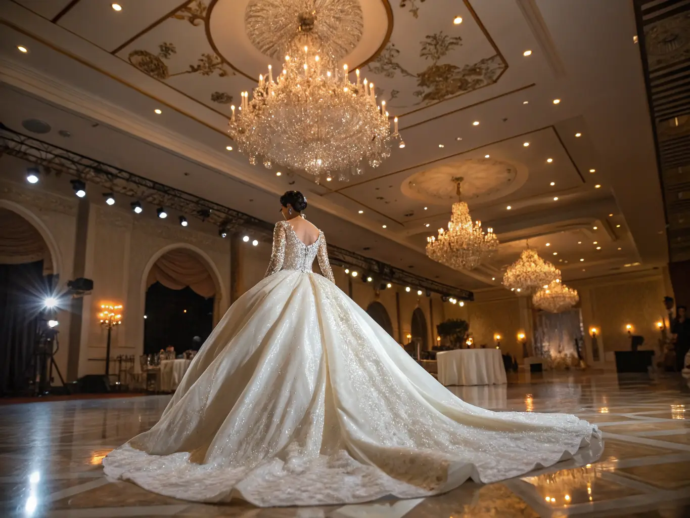 A beautifully decorated horse-drawn carriage awaits a bride outside a grand church, bathed in soft, romantic light, symbolizing the beginning of a fairytale wedding.