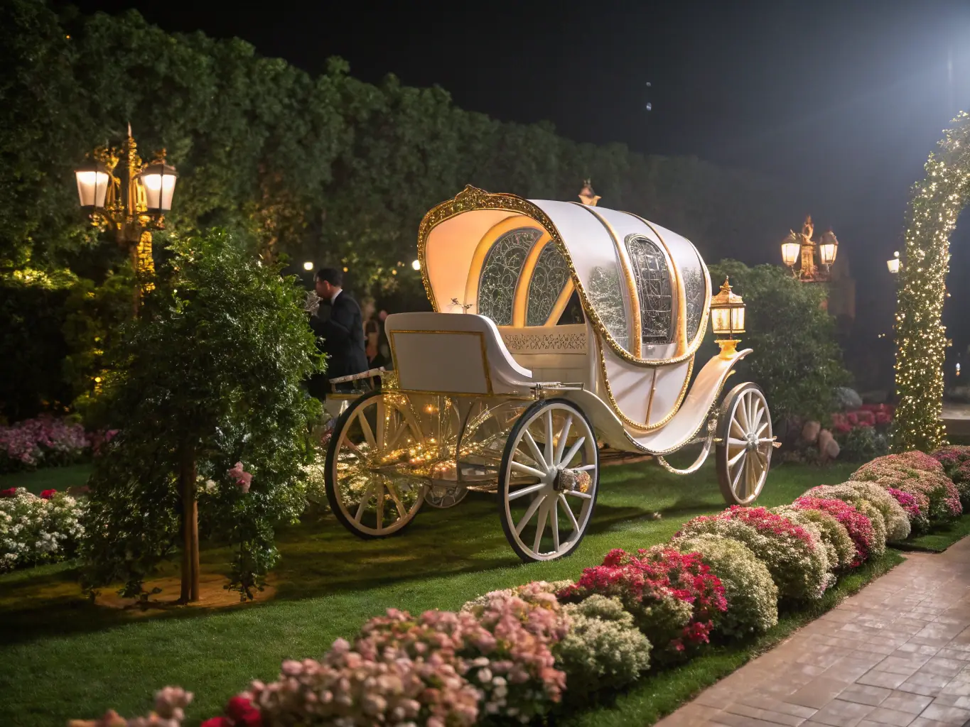 A horse-drawn carriage is parked in front of a beautifully lit reception venue, with guests looking on in admiration, highlighting the elegance and sophistication it adds to the wedding celebration.